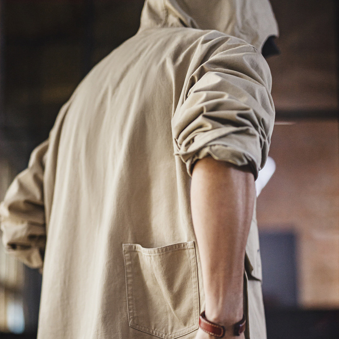 美式復古多口袋夾克純棉帆布卡其色立領連帽薄款外套男春