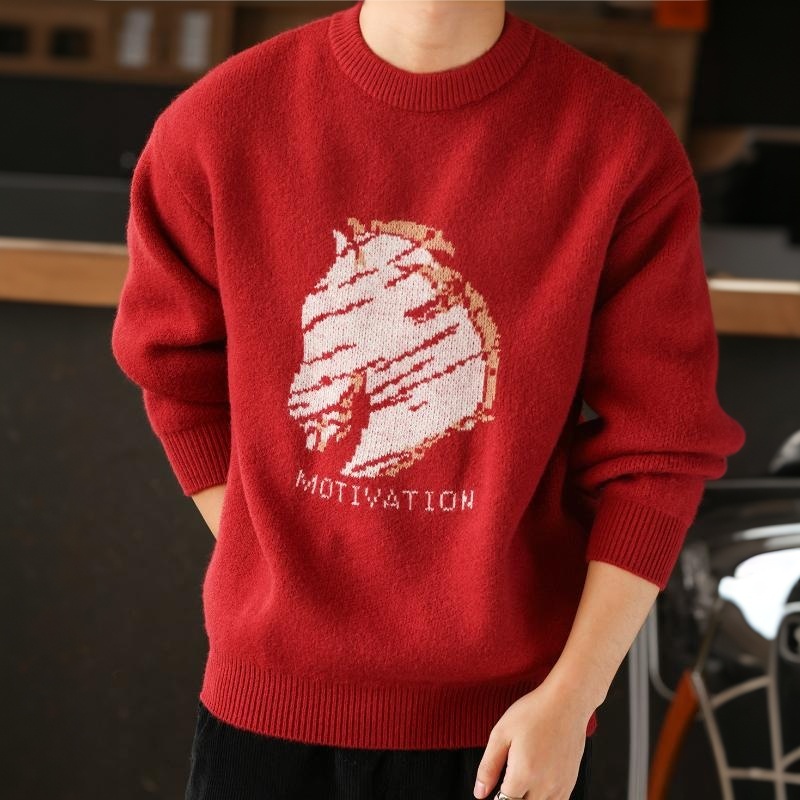 聖誕紅色25馬年美式復古提花毛衣加厚保暖圓領針織衫