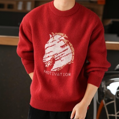 聖誕紅色25馬年美式復古提花毛衣加厚保暖圓領針織衫