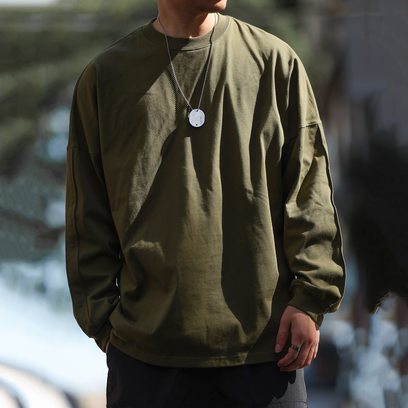 美式休閒重磅拼接袖籠長袖T恤男純棉寬鬆圓領磨瓷白色打底衫-Retro's Wear