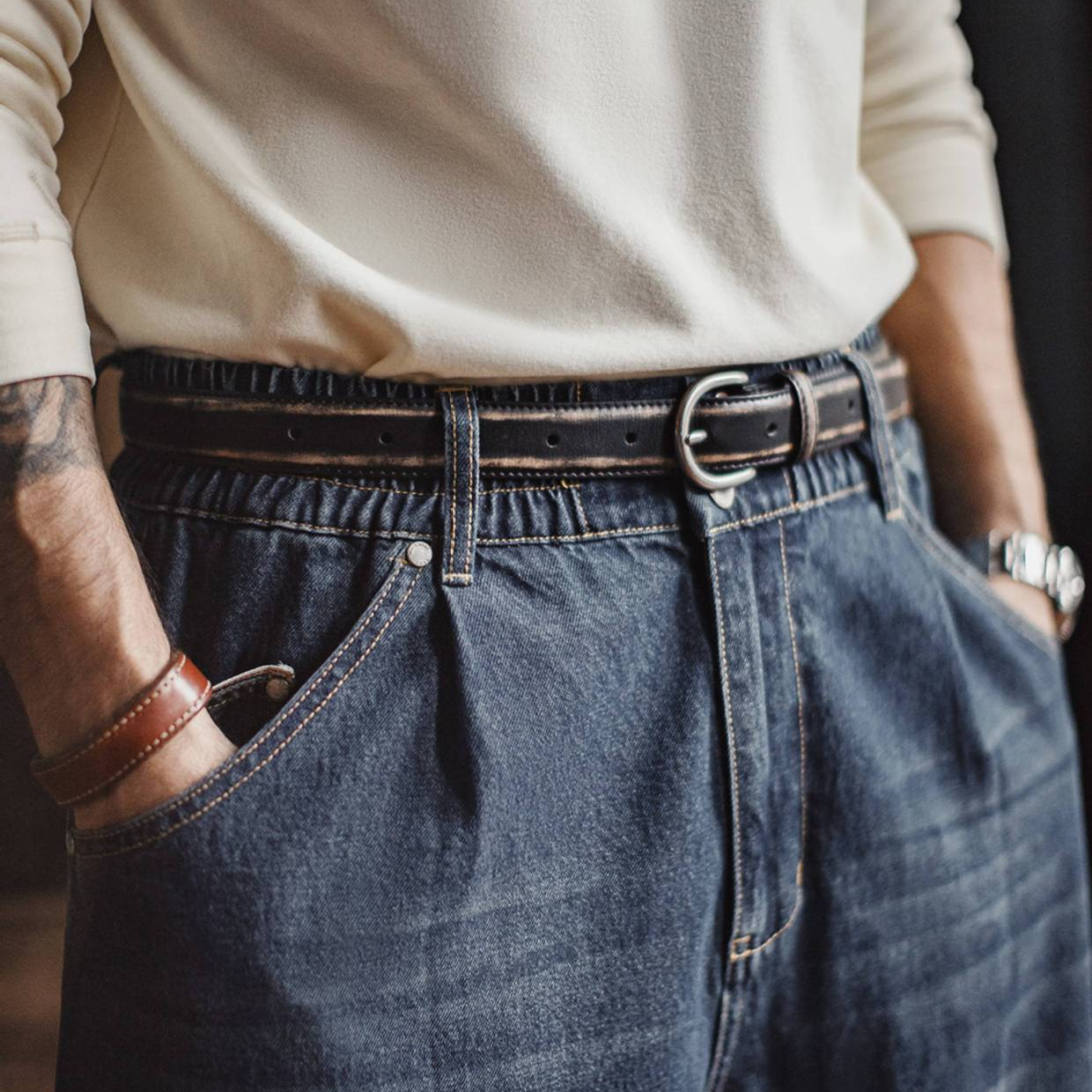 美式復古頭層植鞣牛皮帶腰帶單針真皮扣頭硬漢褲腰帶男款