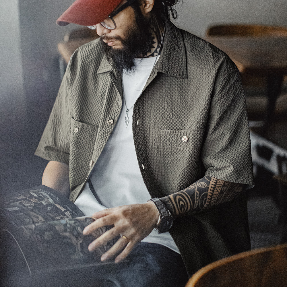 美式休閒AIRY空氣感泡泡紗襯衫透氣薄款襯衣外套男春夏