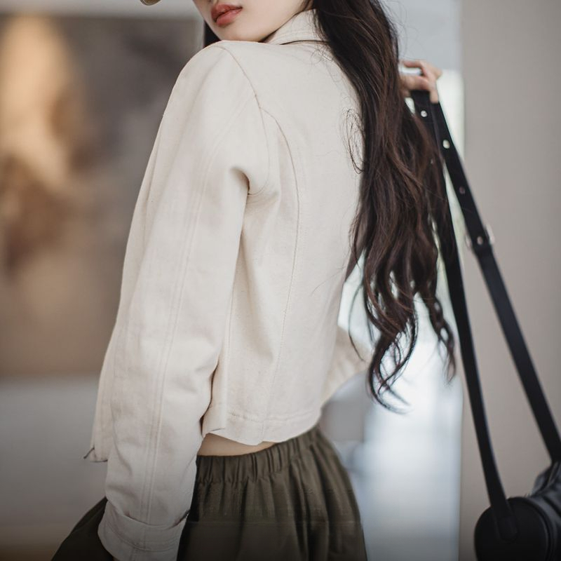 巴恩風白色收腰夾克小個子老錢風工裝外套Vintage上衣春秋女