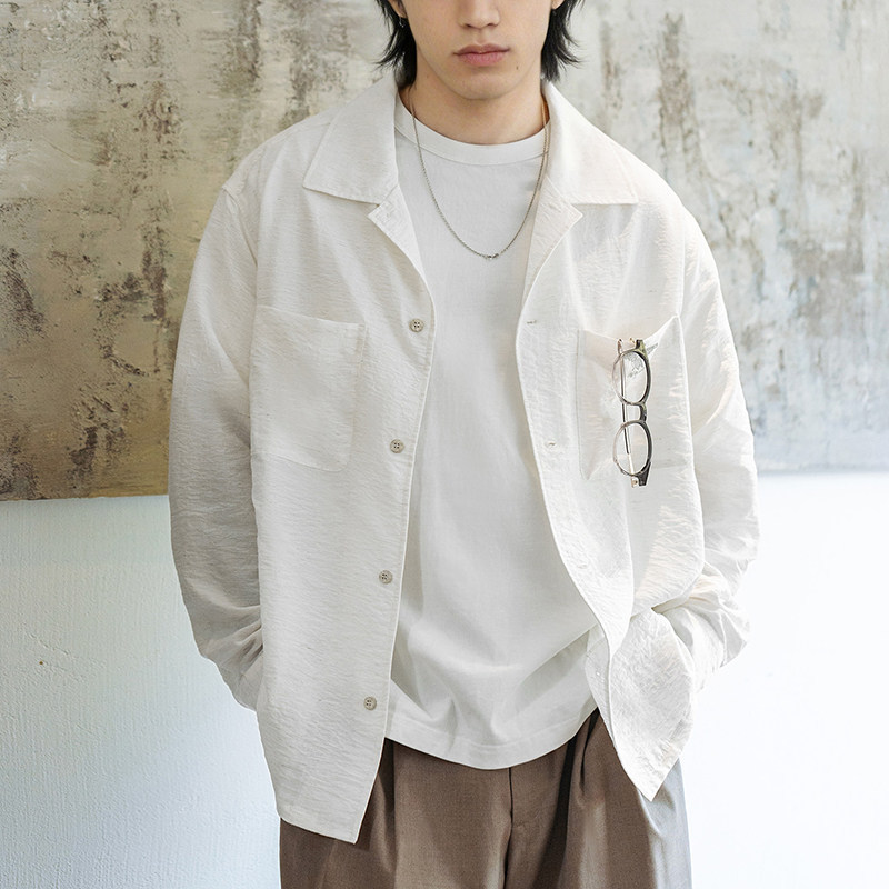 MRA 亞麻混紡古巴領長袖襯衫印第安刺繡老錢風涼感翻領白襯衣