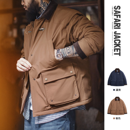 美式復古咖色棉服外套獵裝燈芯絨拼接巴恩風夾克男秋冬