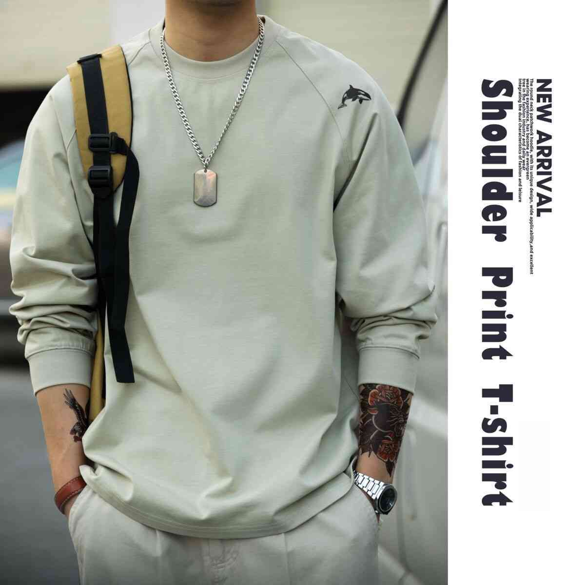 美式休閒300g重磅插肩長袖T恤男鯨魚印花三本針純棉TEE