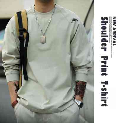 美式休閒300g重磅插肩長袖T恤男鯨魚印花三本針純棉TEE