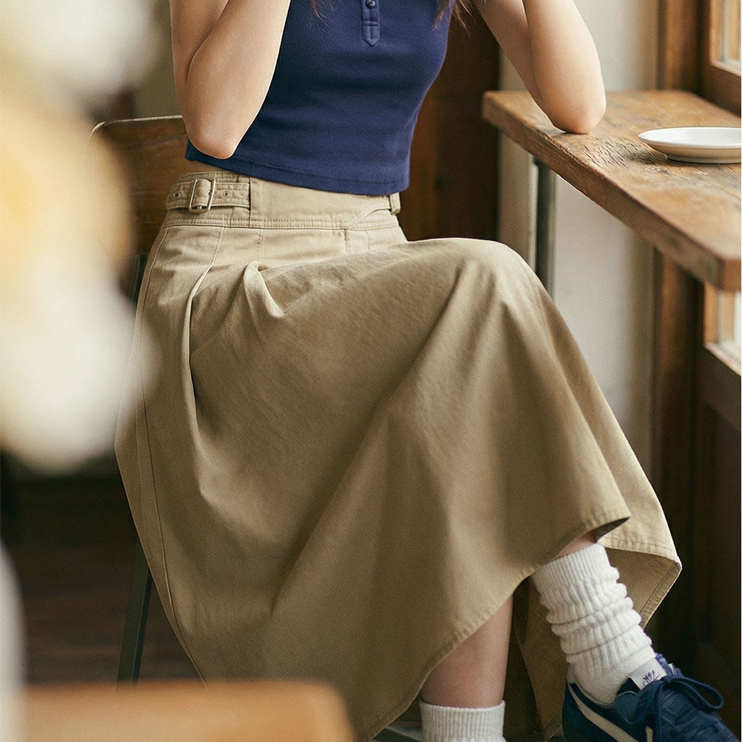 復古卡其色廓爾格全棉百褶高腰A字大擺工裝傘裙子半身裙女