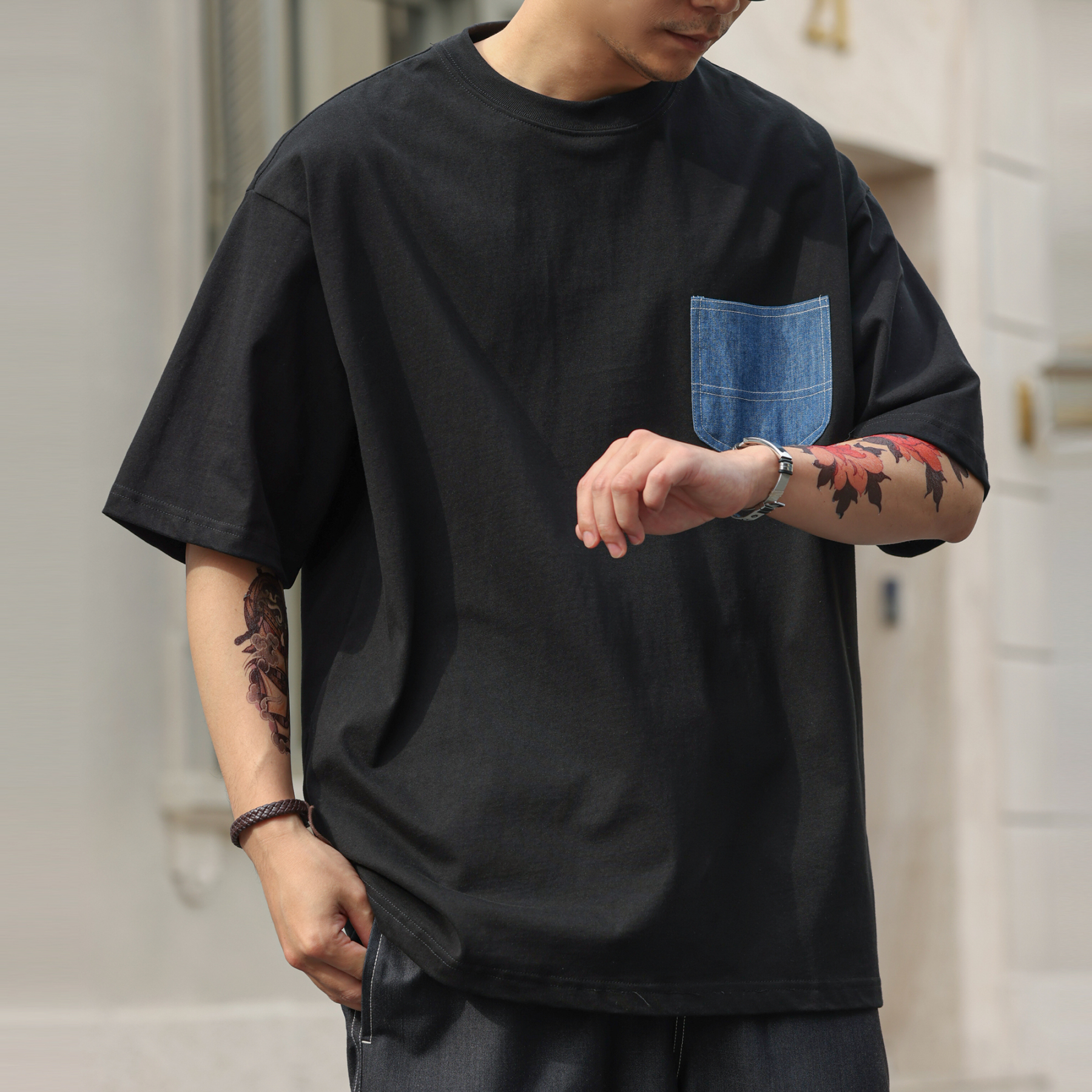 300g重磅精梳棉短袖T恤男美式休閒拼接牛仔口袋打底衫夏