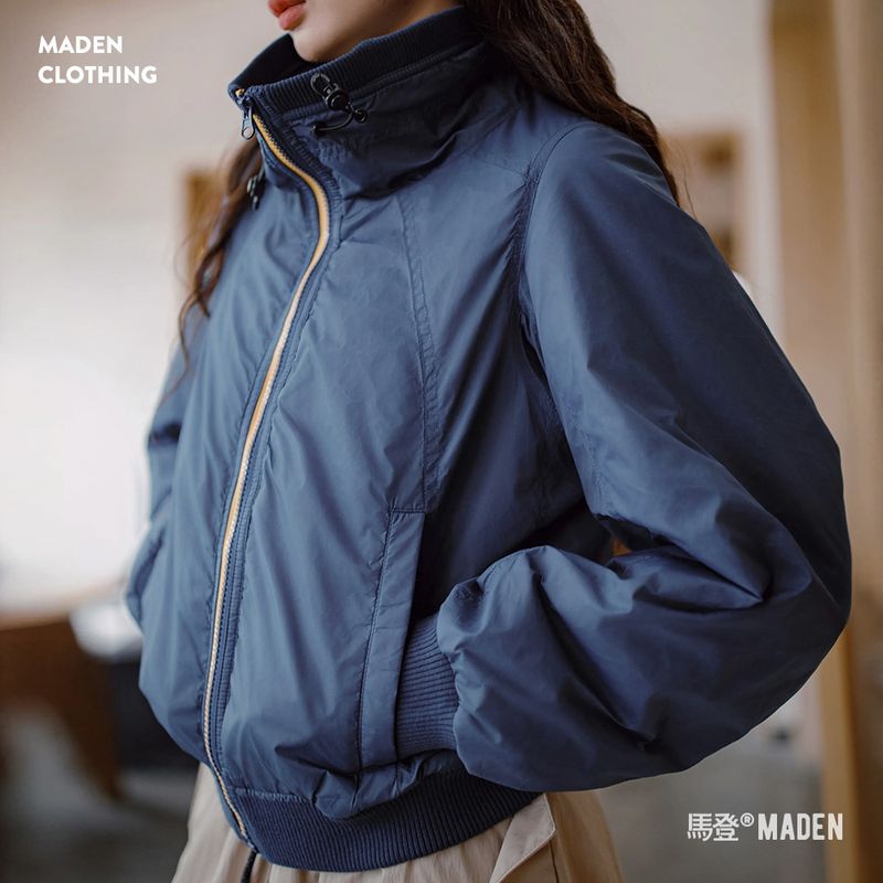 羅紋立領夾克美式棒球服夾棉收腰外套百搭加厚保暖棉衣秋冬女-Retro's Wear