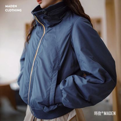 羅紋立領夾克美式棒球服夾棉收腰外套百搭加厚保暖棉衣秋冬女-Retro's Wear