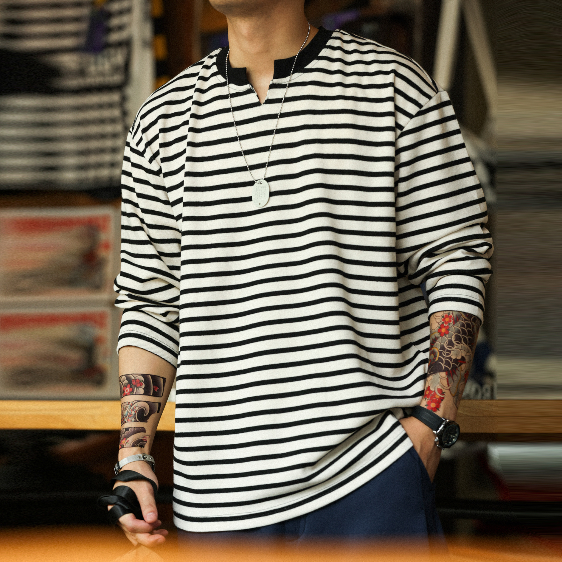 美式復古280g重磅海魂衫男休閒鬆弛感條紋小v領長袖T恤