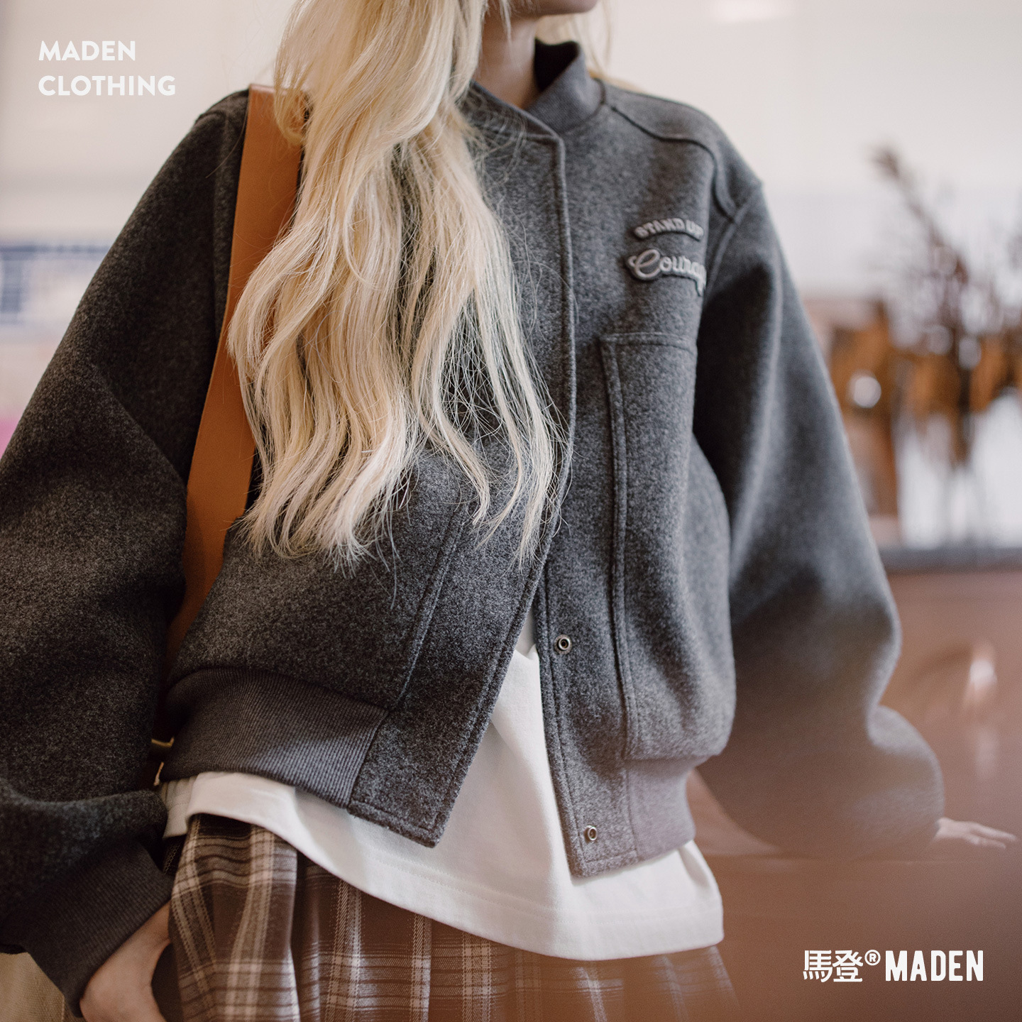 深灰色加厚棒球領服短款毛呢呢子夾克大口袋外套上衣女士秋冬