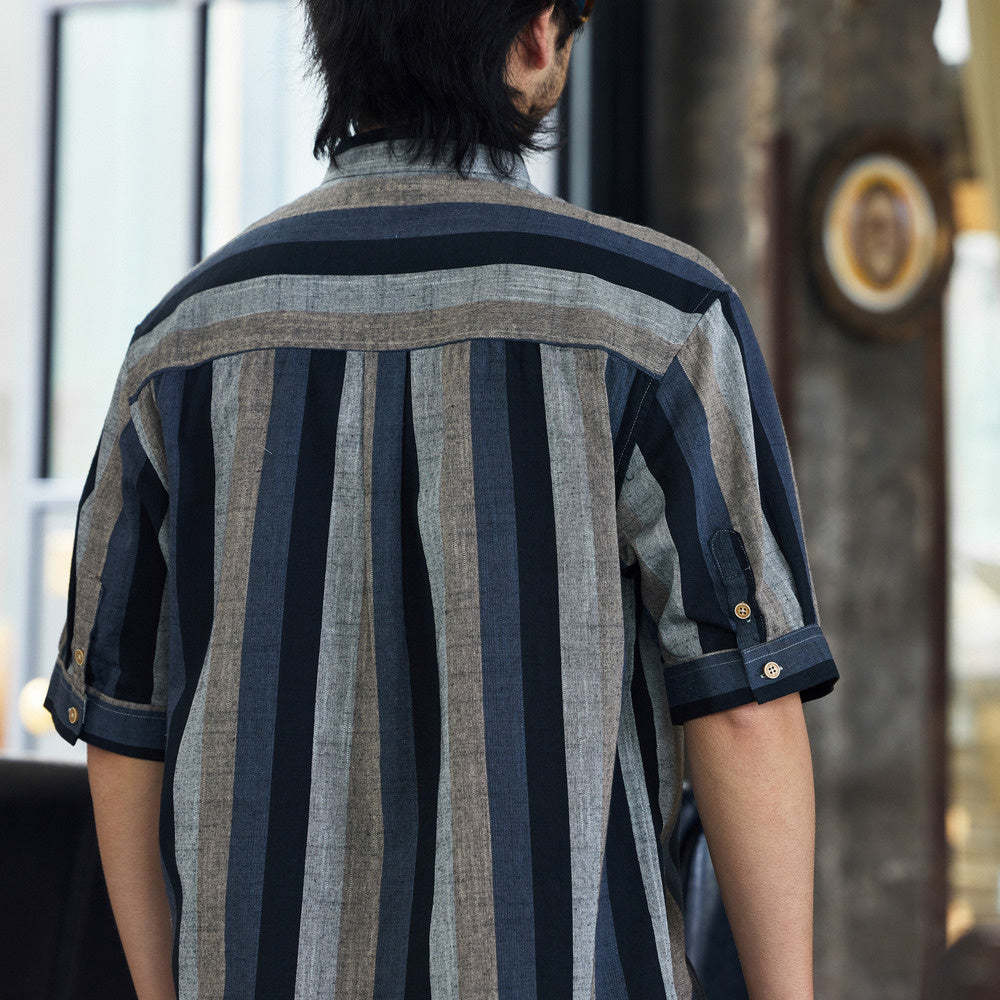 日系復古150g麻感短袖襯衫男民族風撞色條紋半袖襯衣夏