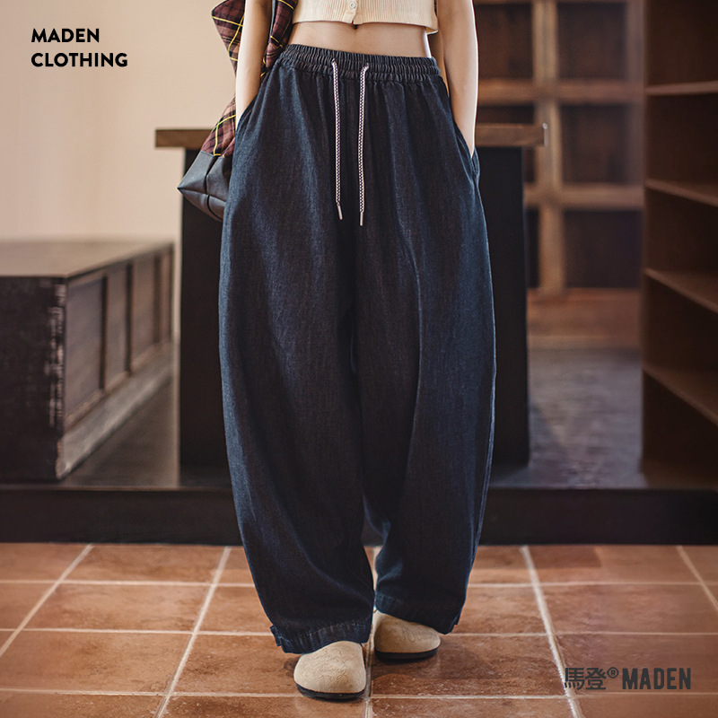 復古冰皮香蕉牛仔褲凉感柔軟面料通勤蘿蔔褲鬆緊系腰褲子春女