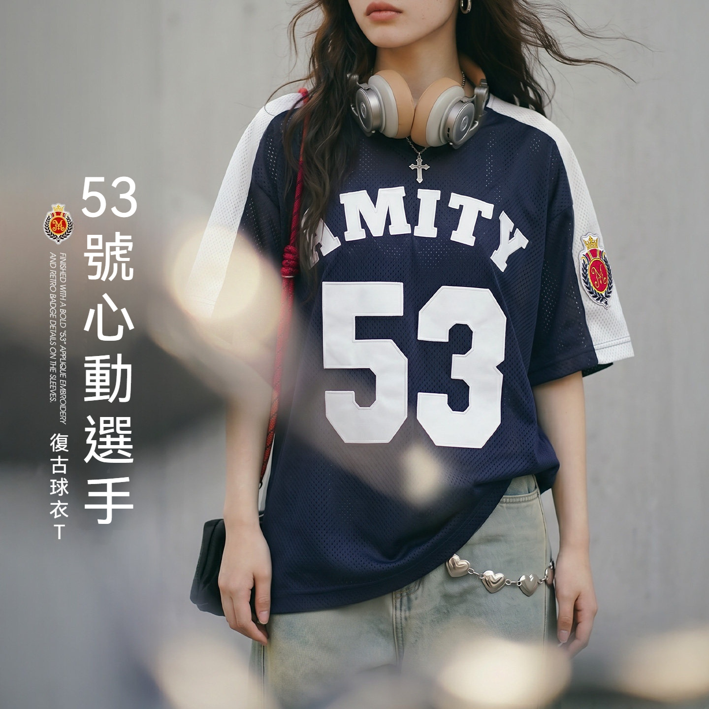 美式復古撞色V領街頭寬鬆橄欖球衣網眼透氣短袖t恤上衣女夏