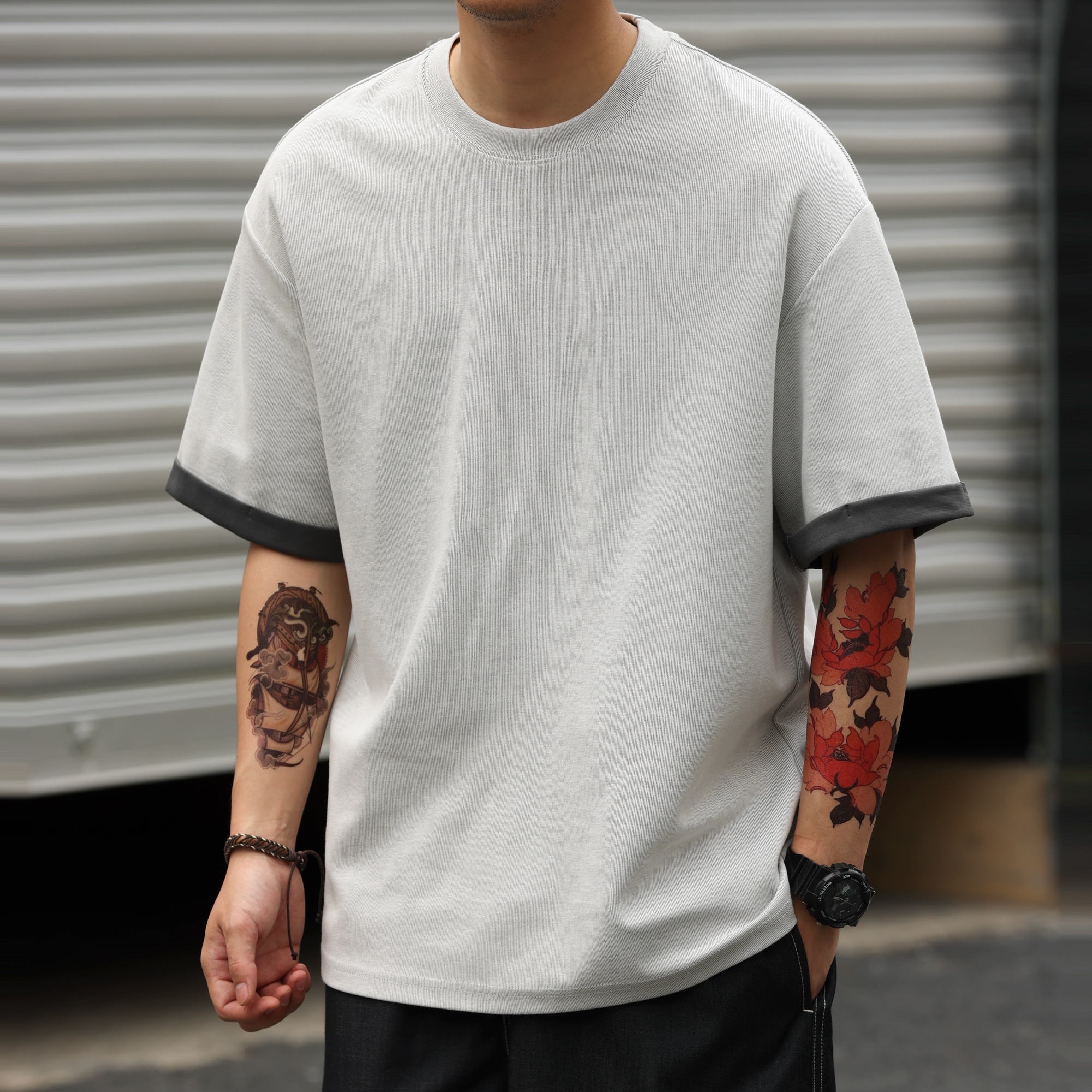 美式休閒雙面异色短袖T恤男230g凉感假兩件肌理感打底衫