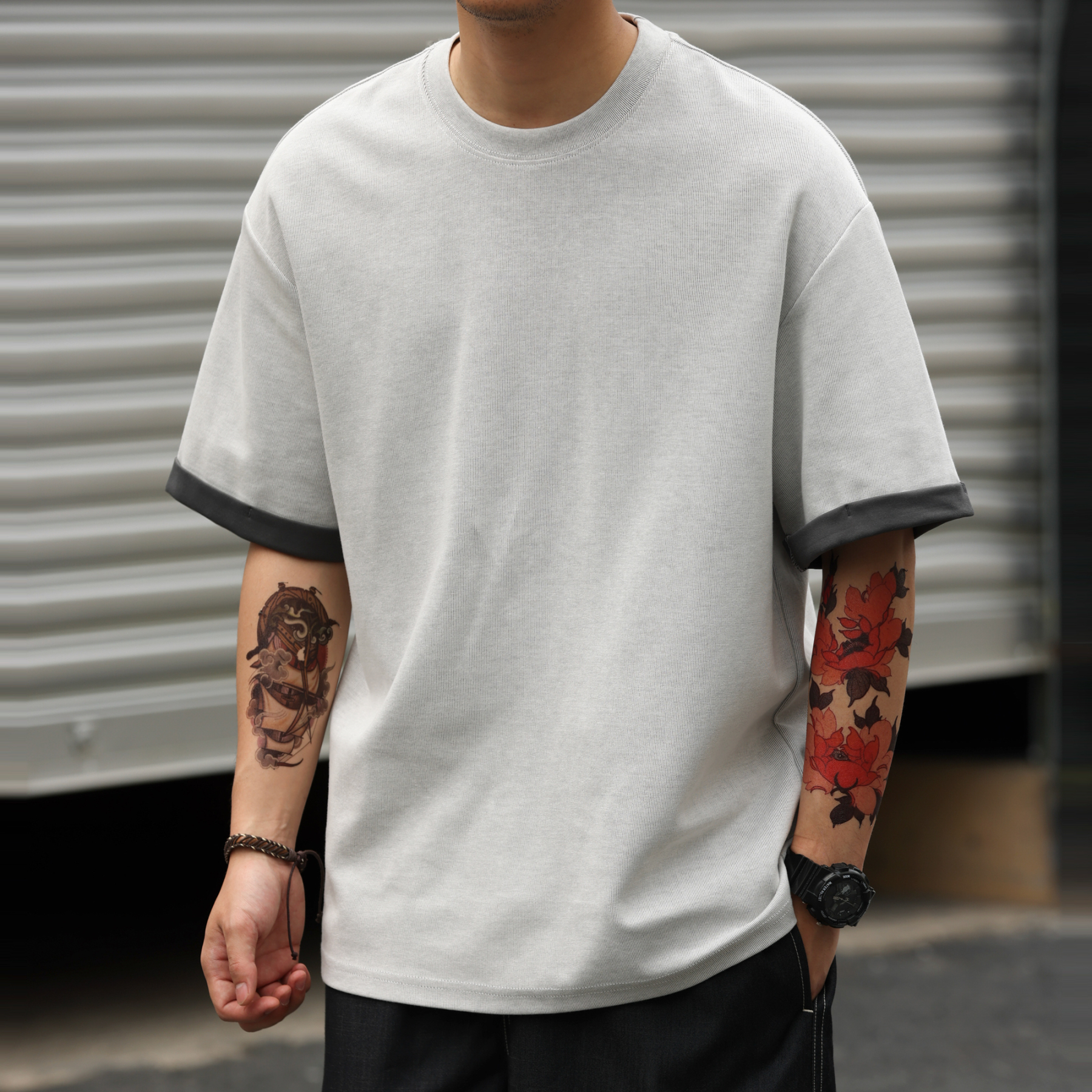 美式休閒雙面异色短袖T恤男230g凉感假兩件肌理感打底衫