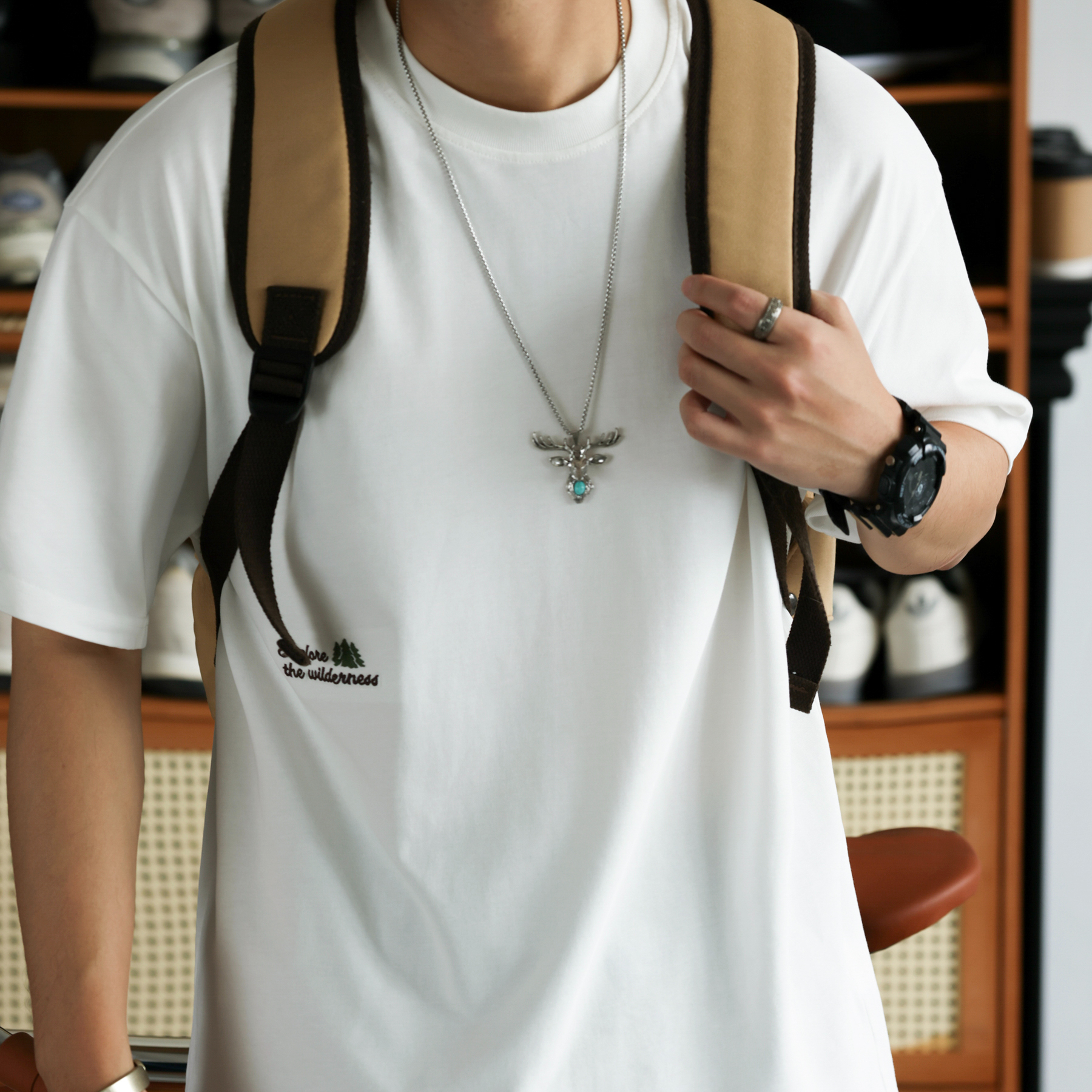 美式休閒趣味刺繡短袖T恤男凉感7A抗菌純棉圓領打底衫夏