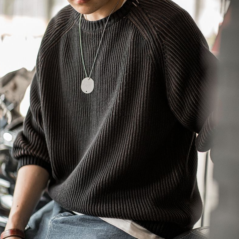 美式復古豎條紋編織毛衣插肩袖圓領加厚打底針織衫男秋冬-Retro's Wear