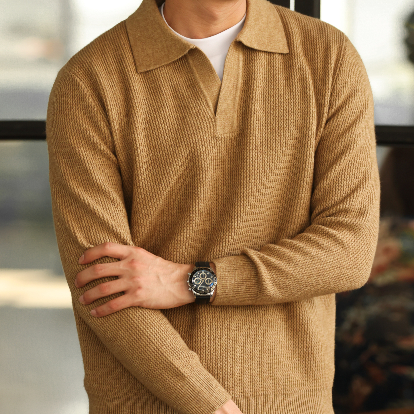 美式復古海鷗領針織POLO衫男12針重磅老錢提花保暖毛衣