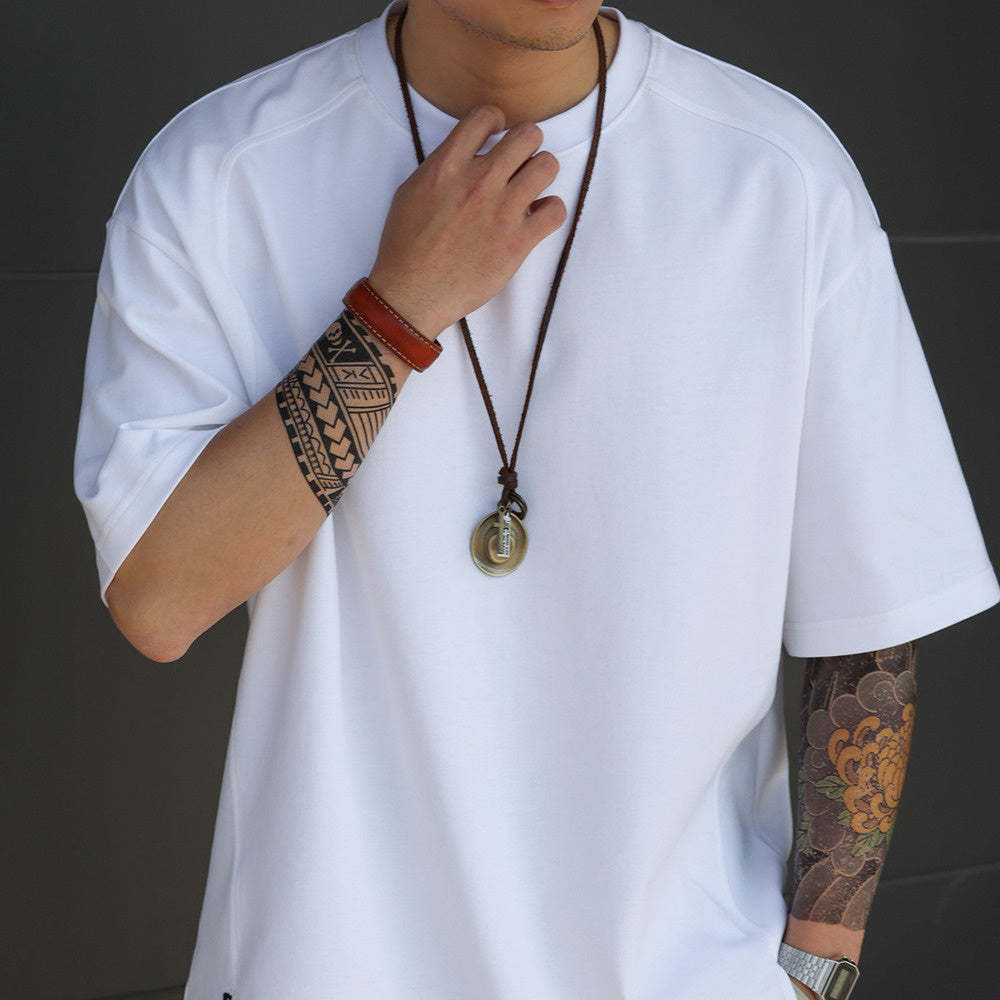 美式休閒230g太空棉短袖T恤男運動拼接開衩薄荷綠色TEE