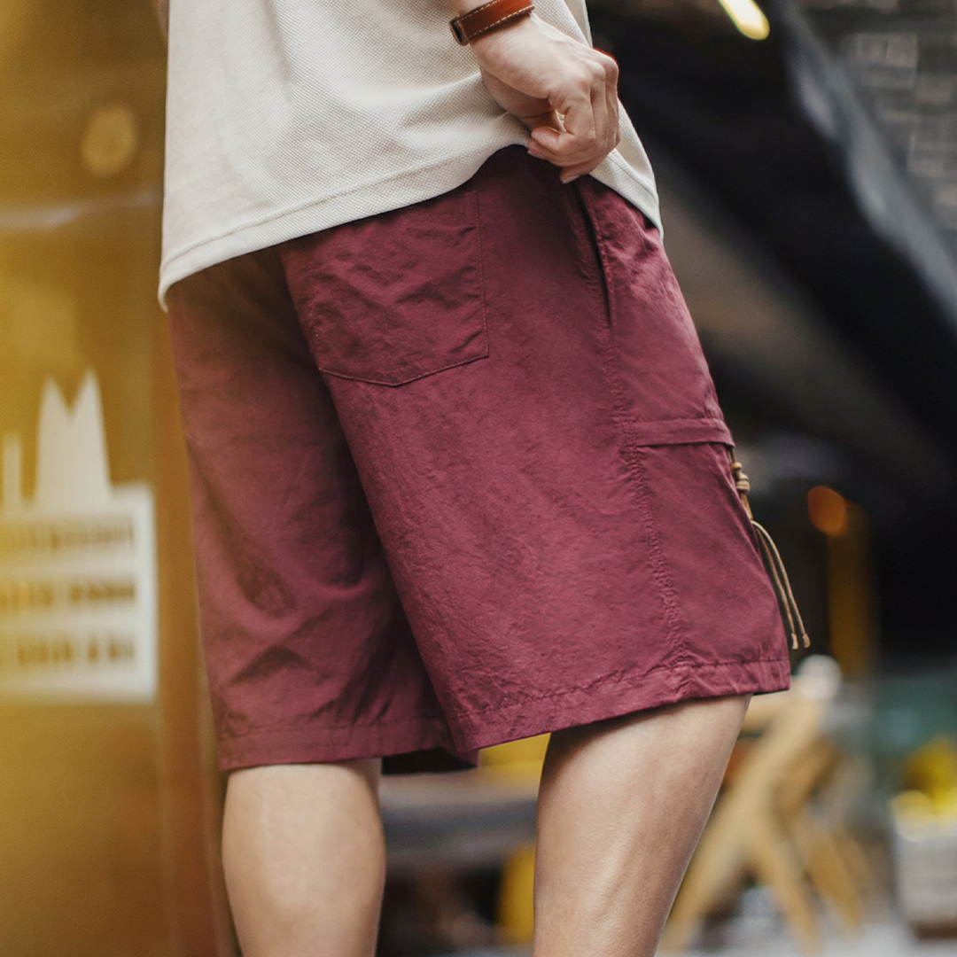 美式橫須賀刺繡短褲寬鬆紅色塔絲隆沙灘薄款五分褲男夏季