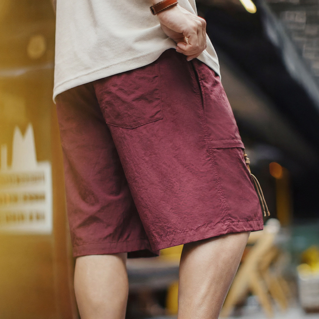 美式橫須賀刺繡短褲寬鬆紅色塔絲隆沙灘薄款五分褲男夏季