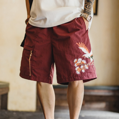 美式橫須賀刺繡短褲寬鬆紅色塔絲隆沙灘薄款五分褲男夏季