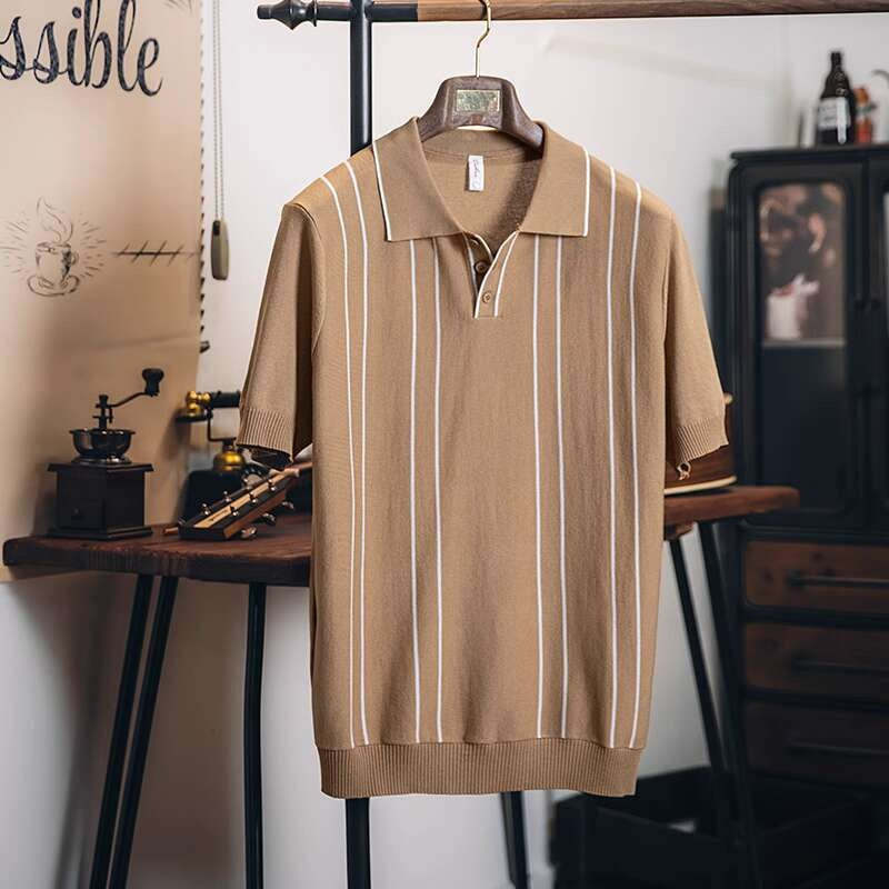 2025新款夏季冰絲針織polo衫男翻領短袖t恤男款休閒條紋上衣