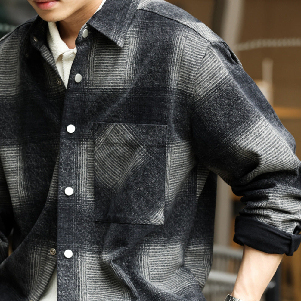 日系復古奇卡諾長袖仿毛呢襯衫男暈染撞色格紋磨毛寸衫外套-Retro's Wear