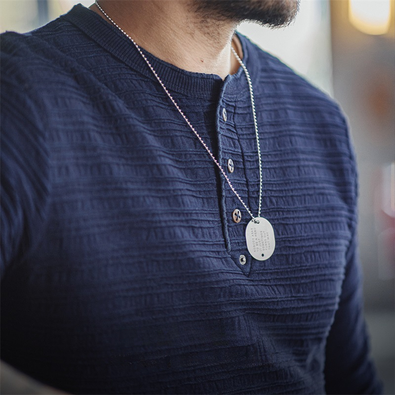 美式復古提花針織牛仔亨利衫vintage硬漢修身長袖T恤男秋-Retro's Wear