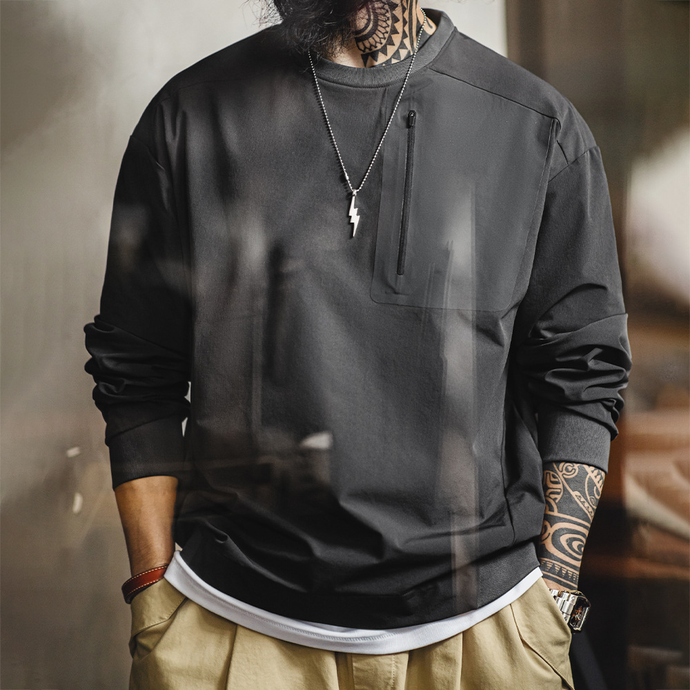 美式復古戶外機能風運動長袖圓領梭織落肩袖寬鬆衛衣男春