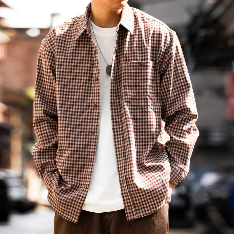 日系重磅格子長袖襯衫男磨毛柔織休閒免燙翻領秋季襯衣外套-Retro's Wear