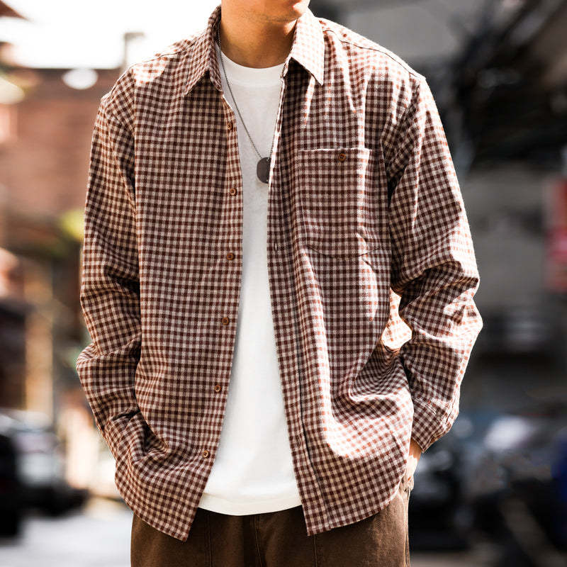 日系重磅格子長袖襯衫男磨毛柔織休閒免燙翻領秋季襯衣外套-Retro's Wear