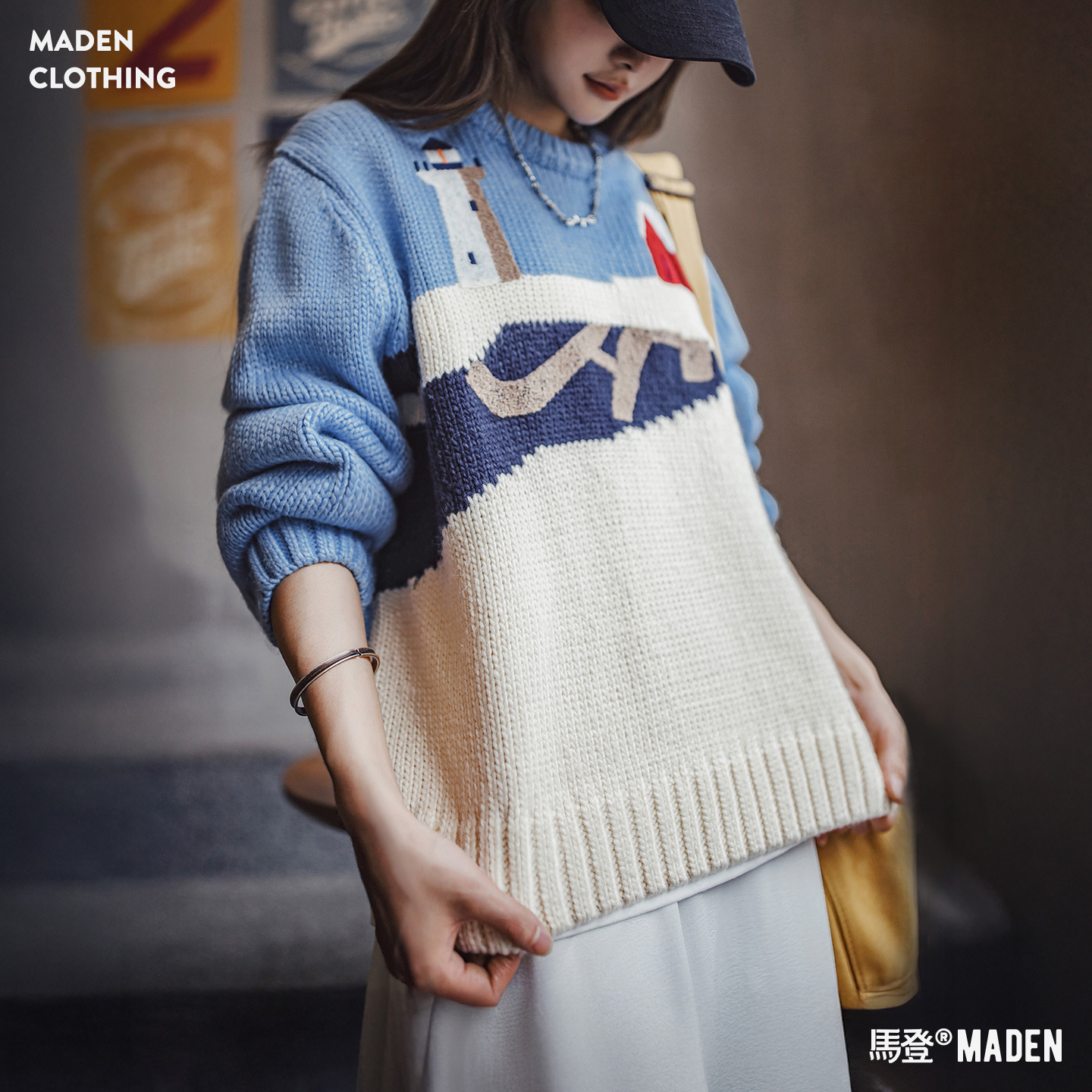 復古圓領寬鬆加厚針織提花毛衣休閒保暖外穿粗毛線上衣秋冬女