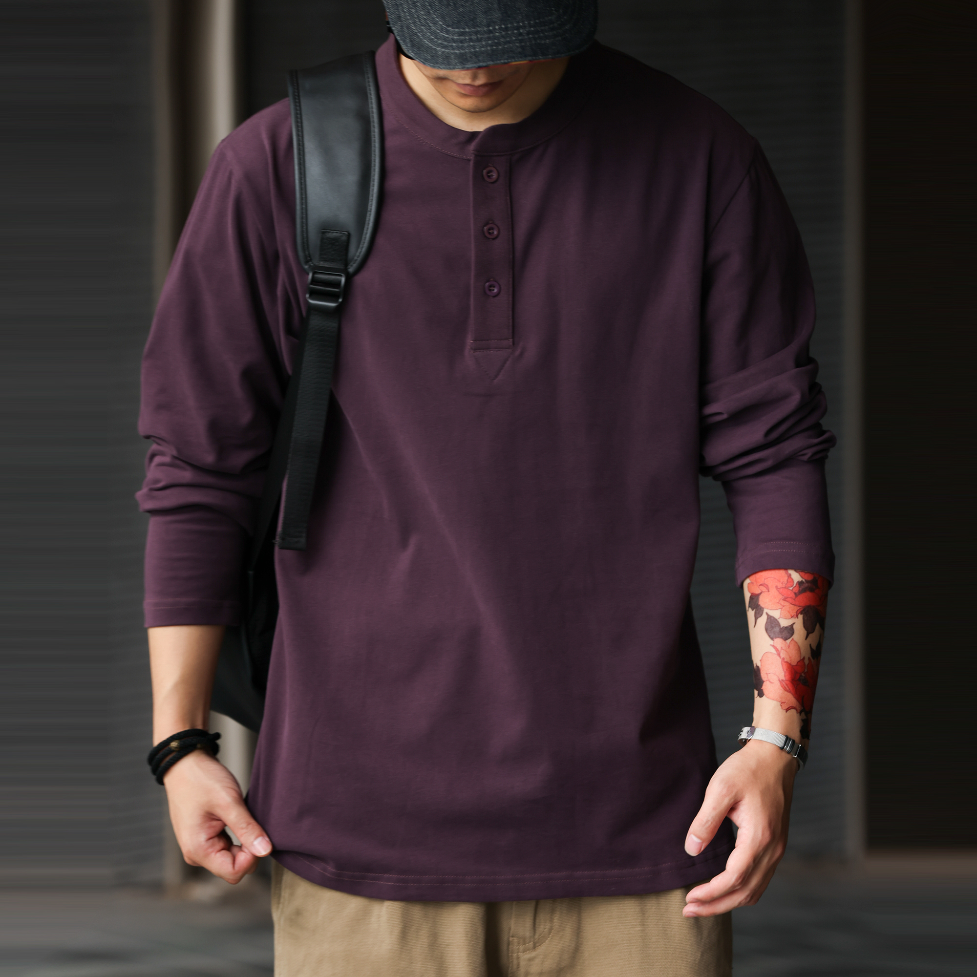 美式休閒磨毛長袖亨利領T恤男純色7A抗菌親膚打底POLO衫