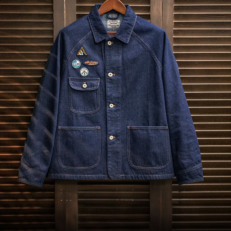 美式復古刺繡徽章牛仔夾克重磅水洗翻領休閒外套男秋冬季-Retro's Wear