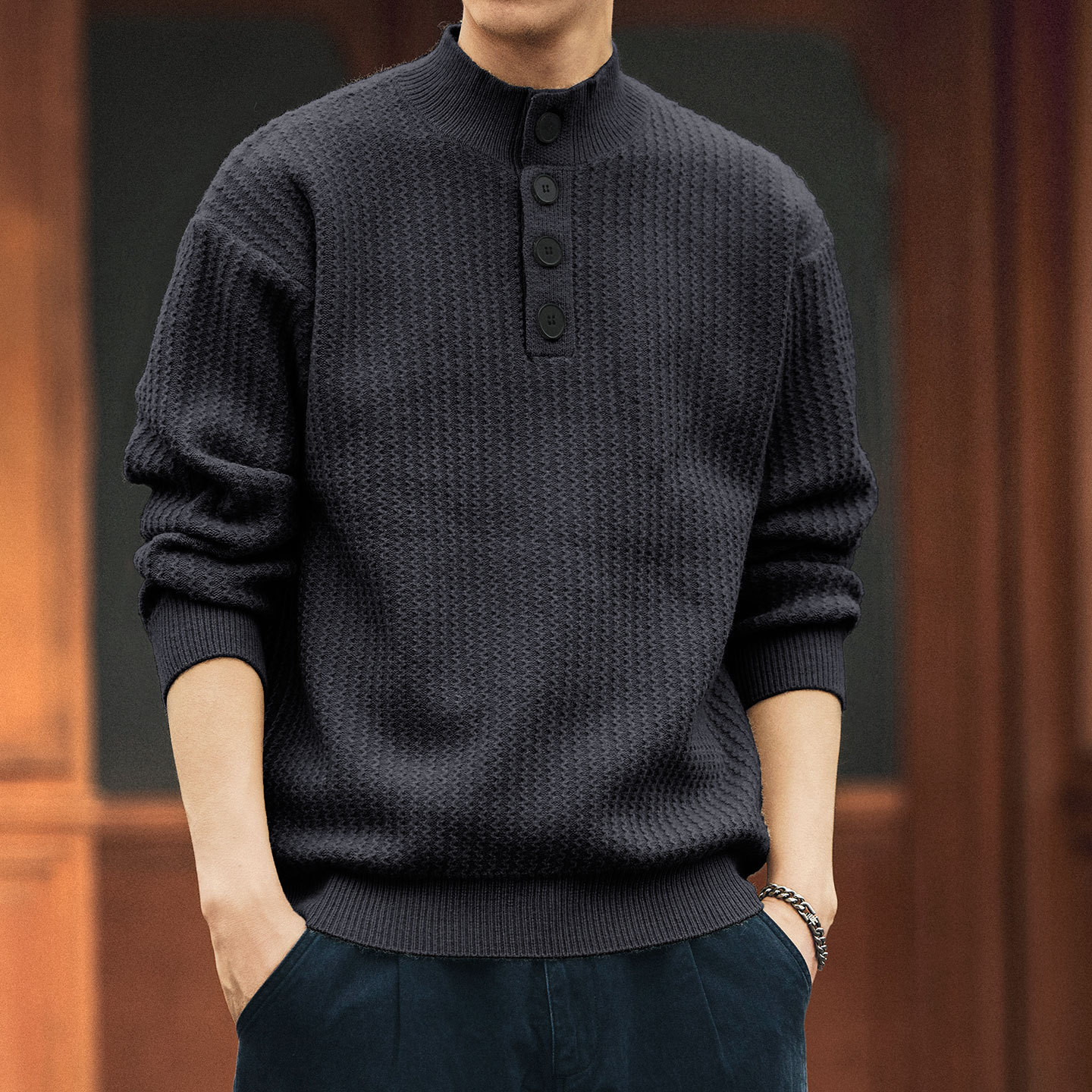 新中式半高領豎紋提花肌理感針織衫男士秋冬款加厚重磅毛衣