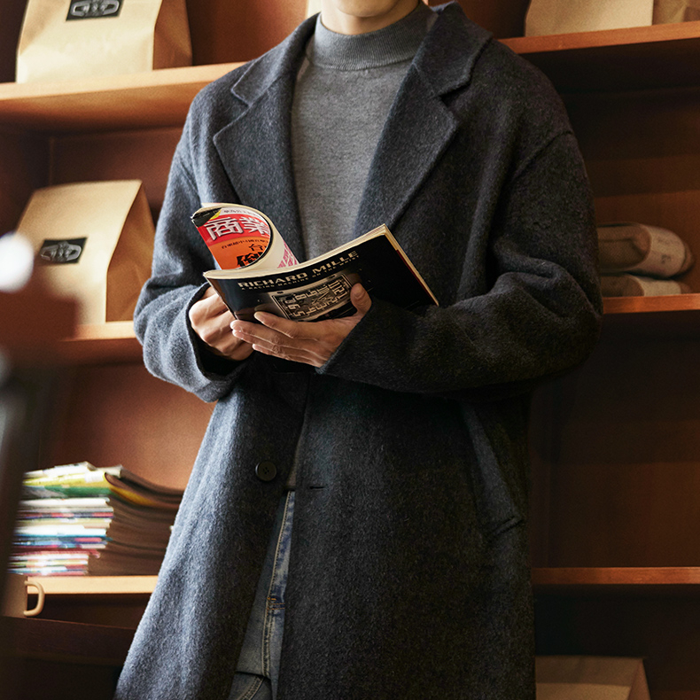 雙面羊絨平駁領毛呢大衣男士2025冬季新款通勤保暖中長款羊毛外套
