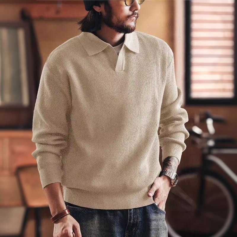 美式復古老錢風海鷗領毛衣男秋冬款寬鬆潮牌保暖POLO針織衫