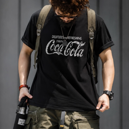 美式復古休閒可樂印花T恤男士夏季重磅竹節紗棉百搭短袖上衣