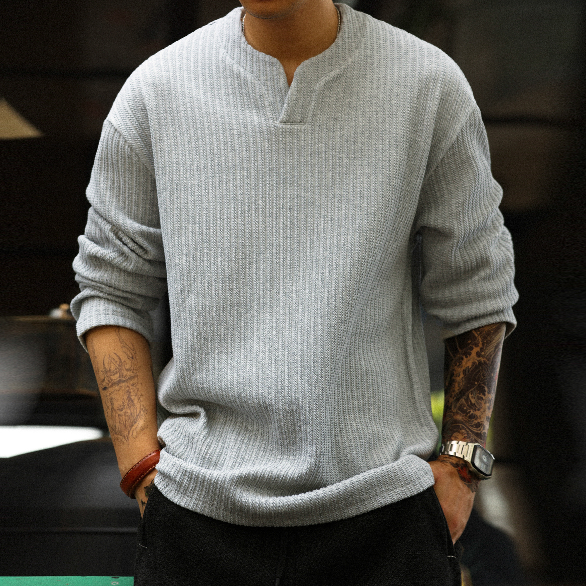 美式高級感提花小V領長袖T恤男330g重磅肌理感疊穿衛衣