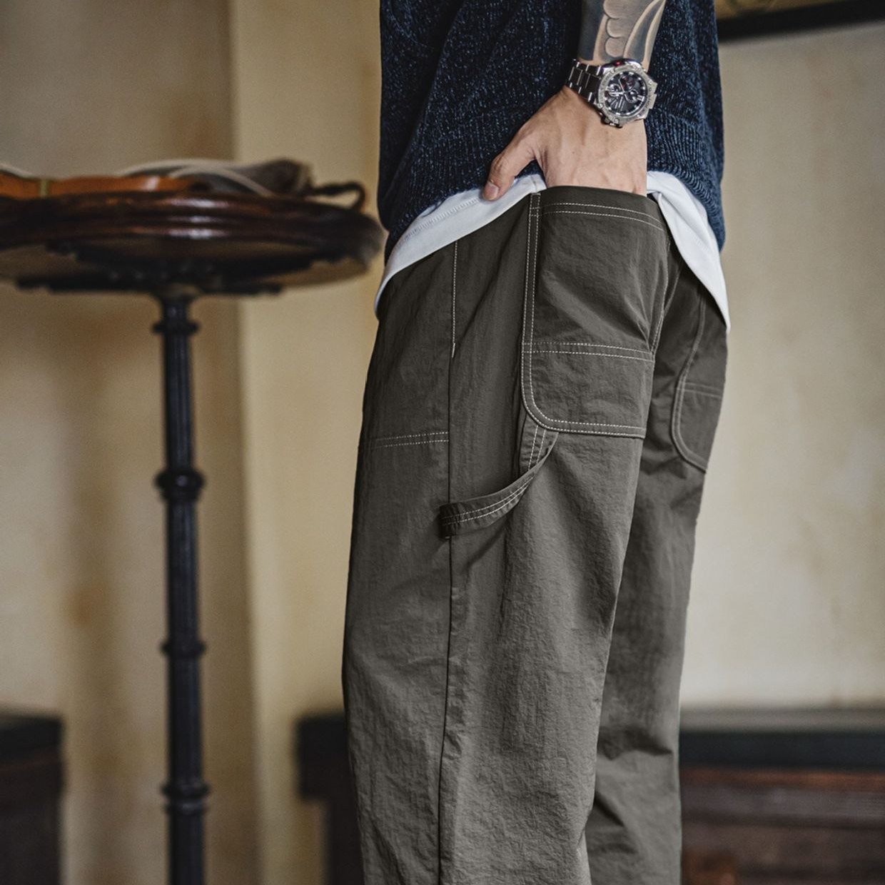 輕美式休閒雙膝伐木褲肌理感薄款垂感軍綠色長褲子男夏秋