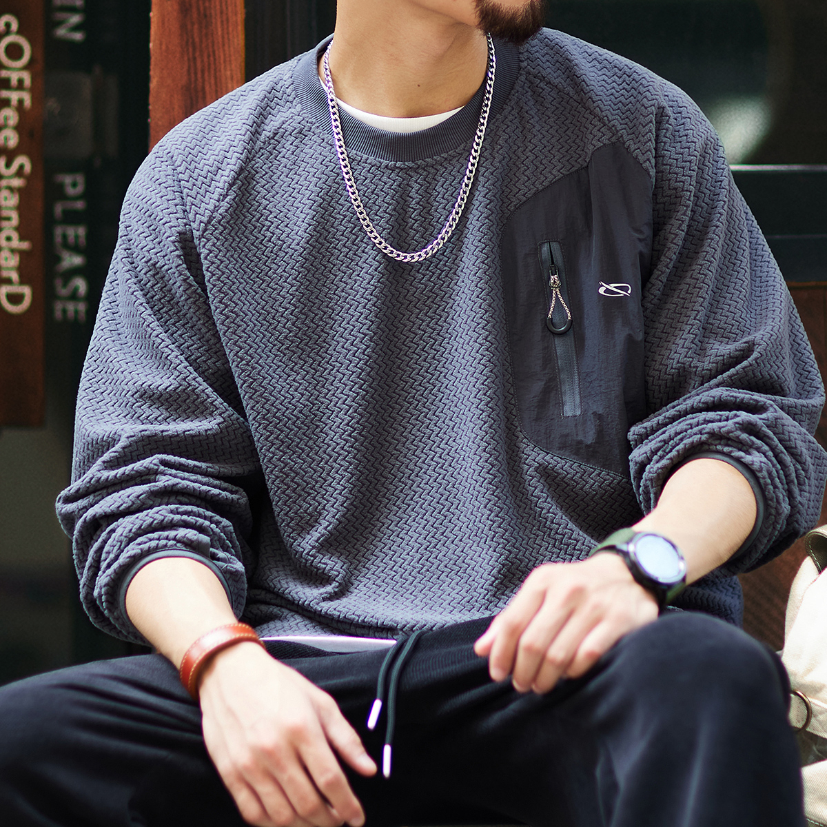 280g波浪肌理絨感長袖衛衣男2025秋季新款寬鬆拼接圓領套頭上衣