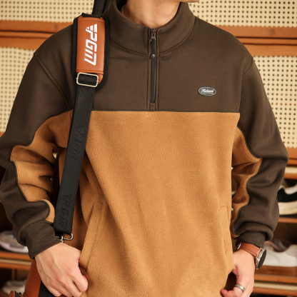 日系復古撞色拼接搖粒絨衛衣男加厚保暖半拉鍊立領上衣