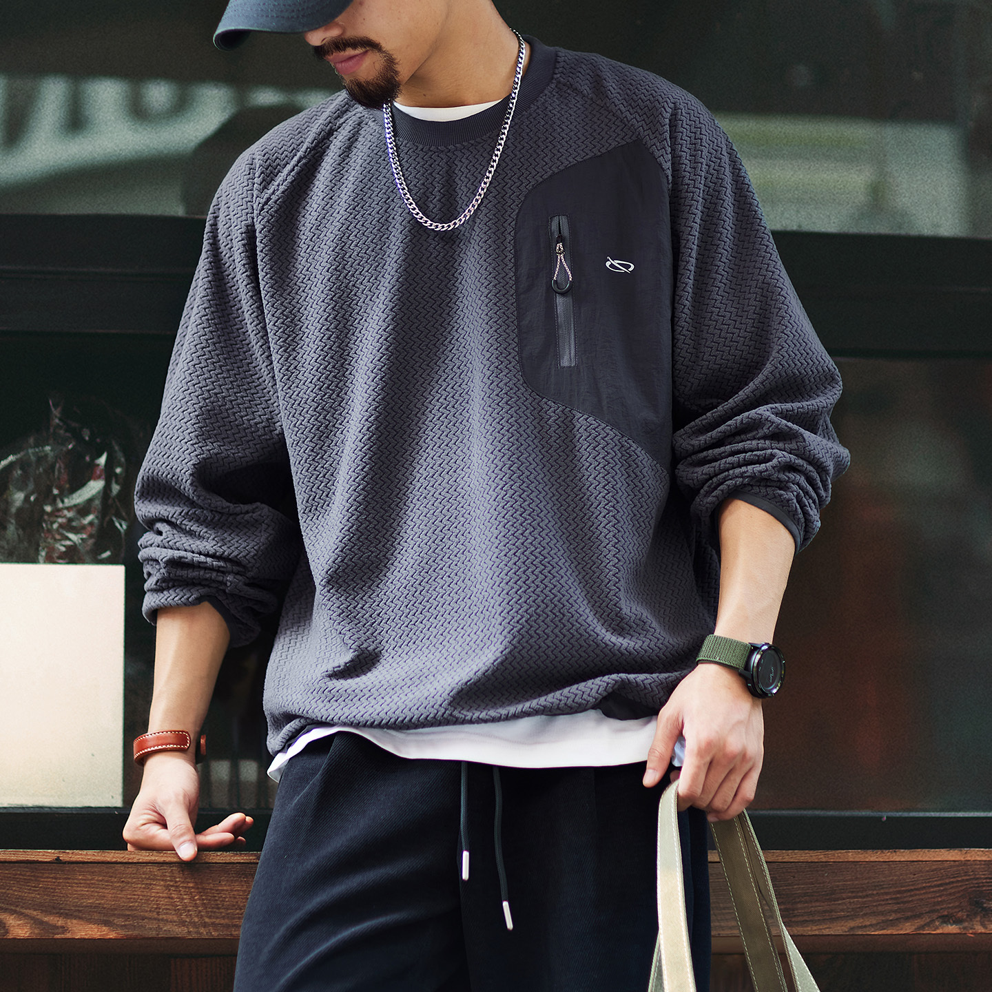 280g波浪肌理絨感長袖衛衣男2025秋季新款寬鬆拼接圓領套頭上衣