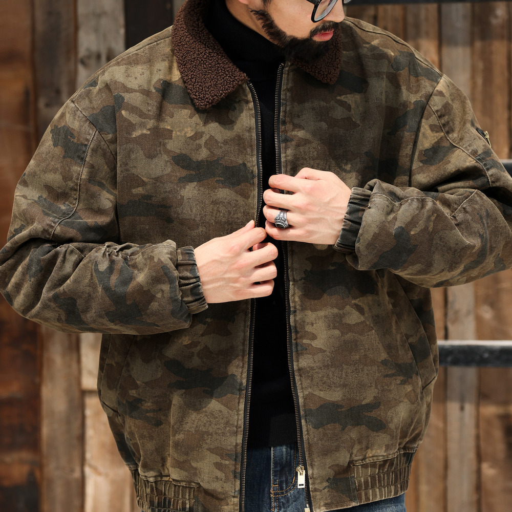 美式羊羔絨工裝帆布夾克男加絨加厚保暖復古迷彩外套冬