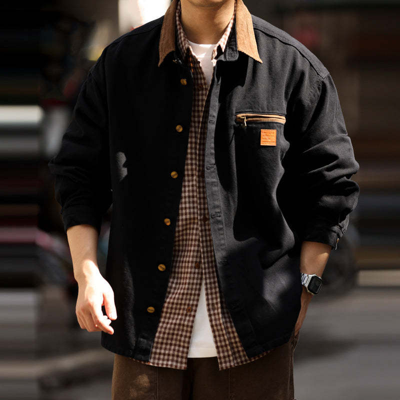 美式復古J97卡哈特襯衫外套男撞色拼接領口cleanfit工裝夾克-Retro's Wear