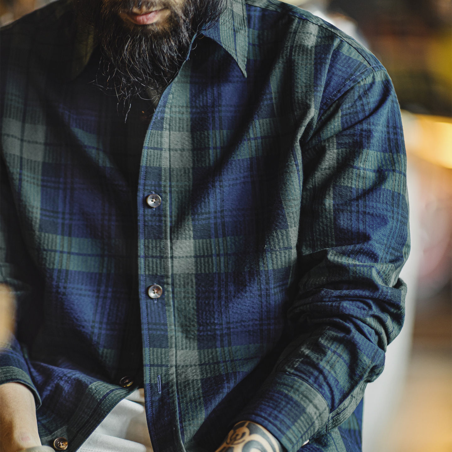 美式復古藍綠色格子襯衫外套純棉肌理感長袖薄款襯衣男秋